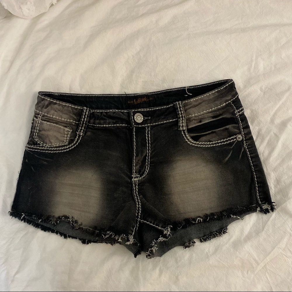Vintage Retro Y2K SOUTHPOLE JEANS Black Dark Wash Distressed Jean Shorts